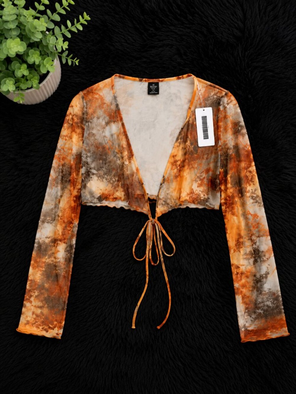 NWT Sheer Mesh Tie Front Bolero Shrug | Brown & Orange Marble Print | Size 1XL